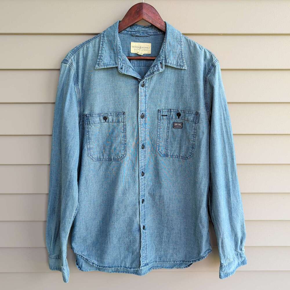 VTG 90s Denim & Supply Ralph Lauren Chambray Shirt Mens L Blue Long Sleeve